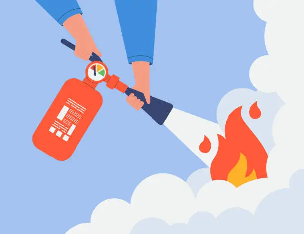 Vector illustration of Fireman holding fire extinguisher flat vector illustration