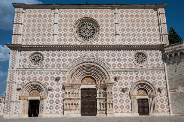 the beautiful Basilica of Santa Maria in L'Aquila damaged by the earthquake and rebuilt stock photo