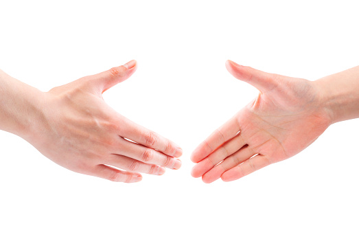 Hand asking for handshake, Hand out, Greeting, Friendly relationship, Copy space, Hand parts, White background