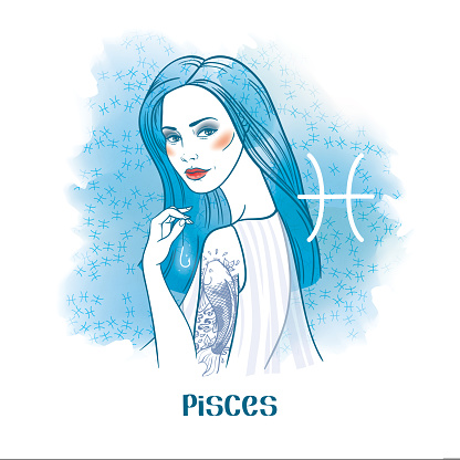 Pisces astrological sign. Beautiful girl with koi fish tattoo and fishhook in hand. Watercolor background. Vector illustration
