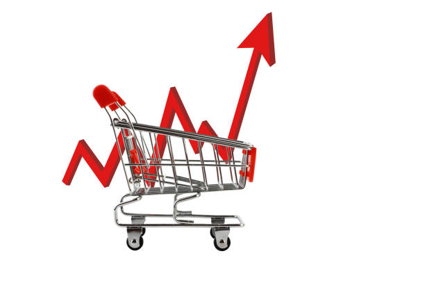 istock Shopping Cart with red up arrow. 1436476645