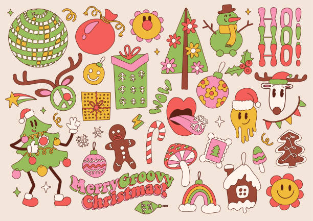 Big set of Merry Christmas groovy retro 70s elements. Groovy Hippie holiday collection clip art. Christmas tree mascot, xmas tree, emoji, gifts, trendy objects. Vector hand drawn illustration. Big set of Merry Christmas groovy retro 70s elements. Groovy Hippie holiday collection clip art. Christmas tree mascot, xmas tree, emoji, gifts, trendy objects. Vector hand drawn illustration psychedelic trip stock illustrations