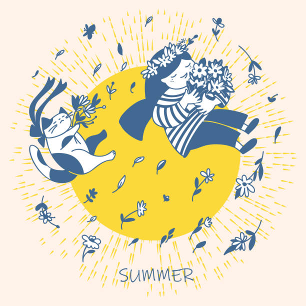 drawing A girl, a cat and flowers. Vector illustration in the doodle style. drawing of a baby girl stock illustrations