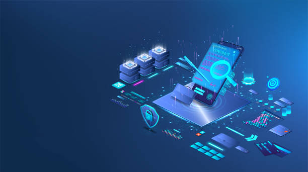 Isometric blue illustration smart contract concept Digital documents, smart contract, agreements and treaty online. Isometric blue illustration smart contract concept. Digital format agreements with electronic documents. Signature, fingerprint in App api Testing stock illustrations