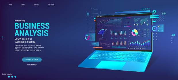 Business dashboard with analysis and analytics online through the application on a laptop. Investment and financial management with deep data analytics on dashboard app. Trade and finance management