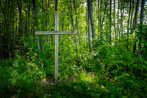 large wooden christian symbol cross standing on a grass hill or rural grassy hillside as a nature landscape religious background