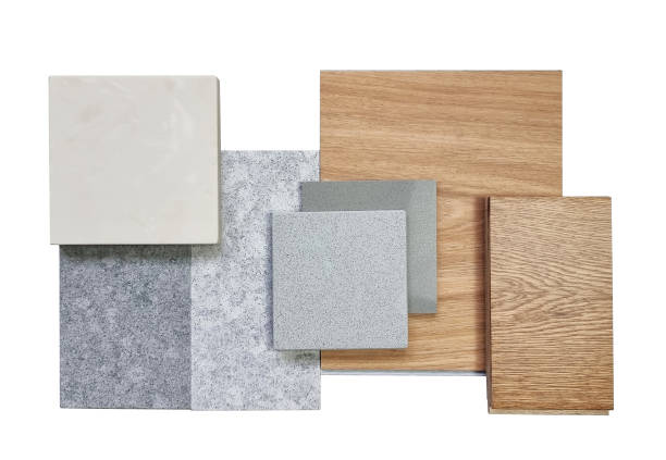 interior material samples including oak engineering flooring, vinyl flooring tile, grey grainy stone tile, cream onyx artificial stone, grey quartzs isolated on white background with clipping path. muestras de materiales interiores que incluyen pisos de ingeniería de roble, baldosas de pisos de vinilo, baldosas de piedra granulada gris, piedra artificial de ónix crema, cuarzos grises aislados sobre fondo blanco con camino de recorte.