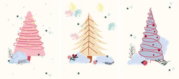 Vector illustration of Winter cards with pastel Christmas trees, heaps of snow, pine branches, fireworks and other. Concept Christmas and New Year. Perfect for greeting cards, poster, postcard, banner. Vector