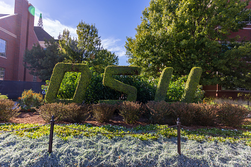 Stillwater, OK - October 2022: OSU Lettering in landscaped shrubs on the Oklahoma State University Campus