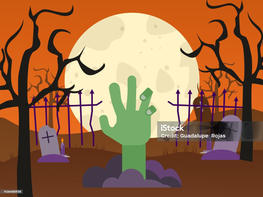 Zombie Hand Coming Out Of A Grave In A Creepy Graveyard Stock ...
