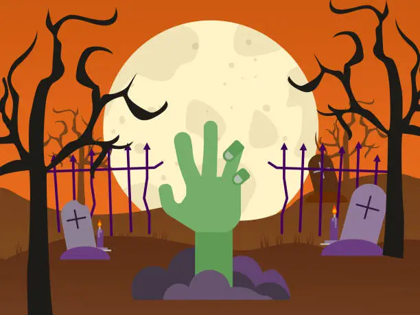 Vector illustration of Zombie hand coming out of a grave in a creepy graveyard