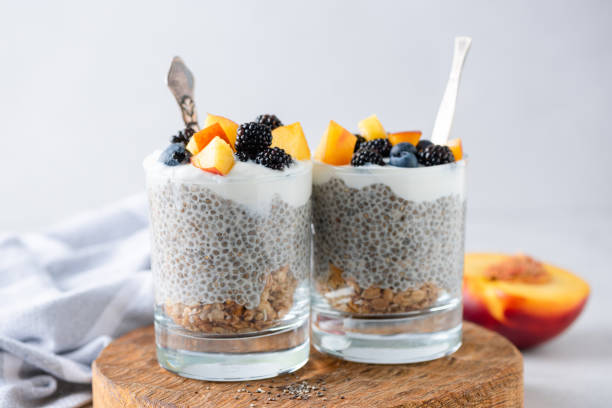 istock Jar or chia pudding with granola and fruits 1436486288