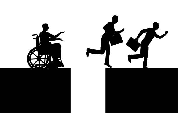 illustrazioni stock, clip art, cartoni animati e icone di tendenza di vettore di silhouette di un lavoratore disabile su una sedia a rotelle fermato prima che un abisso e lavoratori sani saltino sopra l'abisso e corrano su - overcome an obstacle illustrations