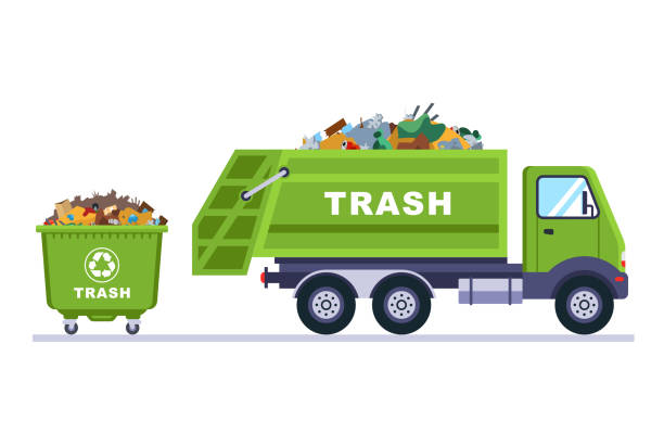 ilustraciones, imágenes clip art, dibujos animados e iconos de stock de camión verde y bote de basura de plástico. ilustración de vector plano. - camion de basura