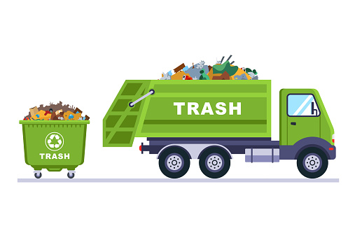 green truck and plastic trash can. flat vector illustration.