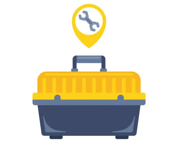 Vector illustration of yellow plastic tool storage box. set for housework. flat vector illustration.