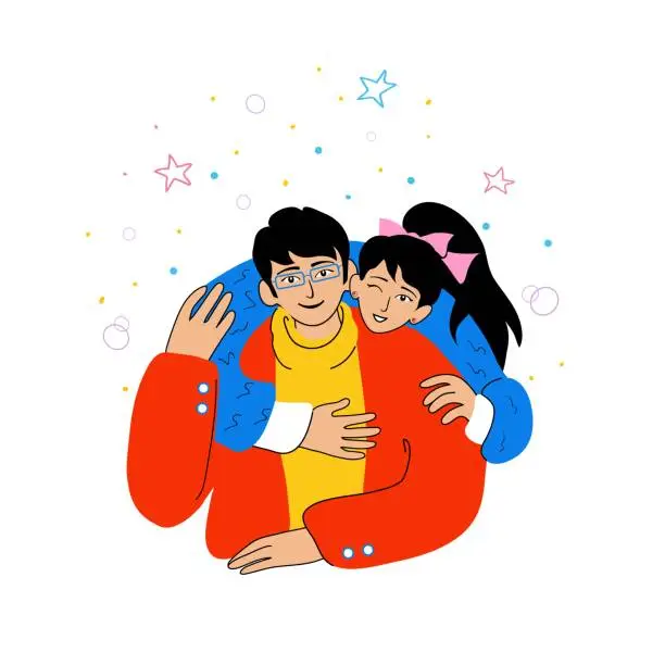Vector illustration of Happy Asian family, girl hugs guy from behind
