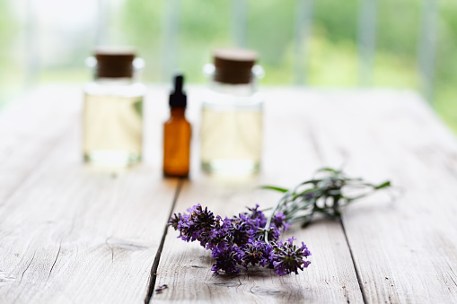 The relaxing power oft he lavender plant  is often used ib aroma therapy, bunch of fresh lavender is lying on wooden background,  bottles with essential oil in background