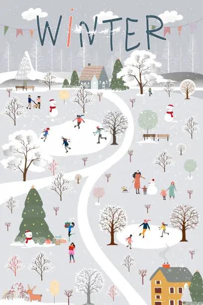 Vector illustration of Winter wonderland on Chirstmas eve with people celebration in city park at night.Vector illustration Winte scene Cute cartoon for greeting card  or banner for Christmas or New Year