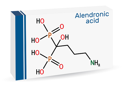 Alendronic acid molecule. It is bisphosphonate drug, used for treatment of osteoporosis. Skeletal chemical formula. Paper packaging for drugs. Vector illustration