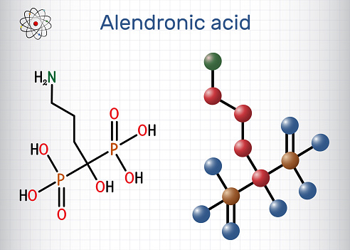 Alendronic acid molecule. It is bisphosphonate drug, used for treatment of osteoporosis. Structural chemical formula, molecule model. Sheet of paper in a cage. Vector illustration
