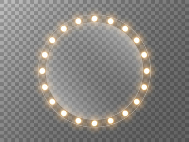 illustrazioni stock, clip art, cartoni animati e icone di tendenza di specchio per il trucco con luci. specchio rotondo con lampadine d'oro. cornice con lampade luminose. vetro illuminato realistico per banner o poster. illustrazione vettoriale - round mirror