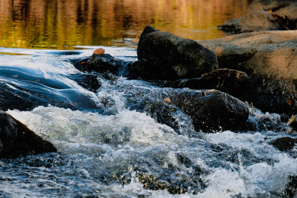 istock Turbulent water, calm river and red and green reflections. 1436494034