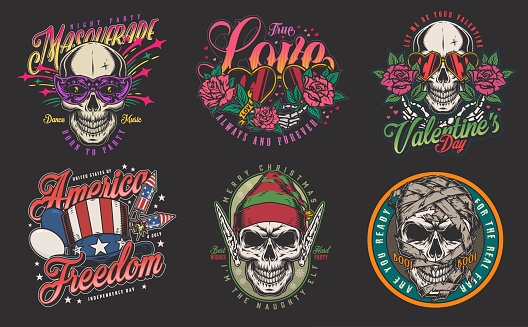 Holiday set colorful vintage posters valentines day or Christmas eve party invitation and mardi gras skull mask vector illustration