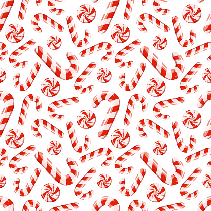 Seamless pattern of red striped sweetmeats. Hard candy, candy cane, lollipop. Background for fabric, wrapping paper, textile, print, wallpaper. Vector illustration isolated on white