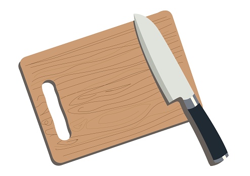 Knife and cutting wooden board. Kitchen wooden chopping board and cutting knife vector illustration.