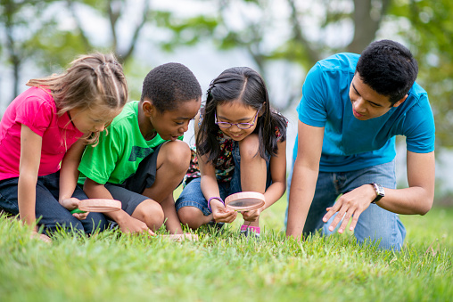 A male day camp counselor bends down in the grass with a small group of school aged children as they explore together with magnifying glasses.  They are each dressed casually and are wearing colorful t-shirts as they focus on their task.