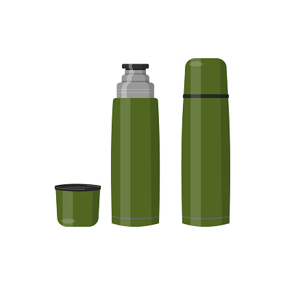 Thermos bottle vector illustration. Thermos flask open and closed.