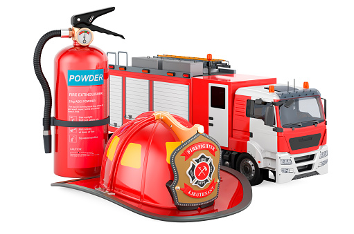 Fire engine truck with fire extinguisher and firefighter helmet, 3D rendering isolated on white background