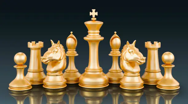 Golden chess figures on dark background, 3D rendering