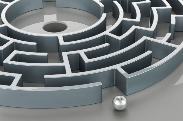istock Labyrinth, maze with metallic ball. 3D rendering 1436500041