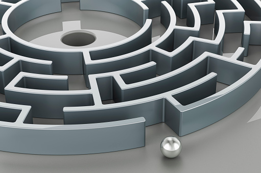 Labyrinth, maze with metallic ball. 3D rendering