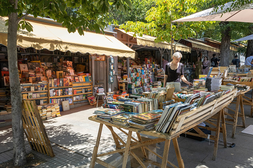 Madrid, Spain - July 9, 2022: A big used books market next to the Royal Botanical Garden