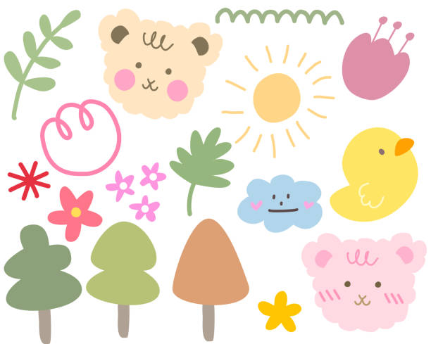 Cute kawaii sticker set with color full Cute kawaii sticker set with color full Doodle art for decoration , sticker , other birthday and invitation card animal background with chicken stock illustrations
