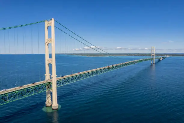 Mackinac Bridge stretches 5 miles across the Mackinac Straits connecting St. Ignace & Mackinaw City, Michigan.