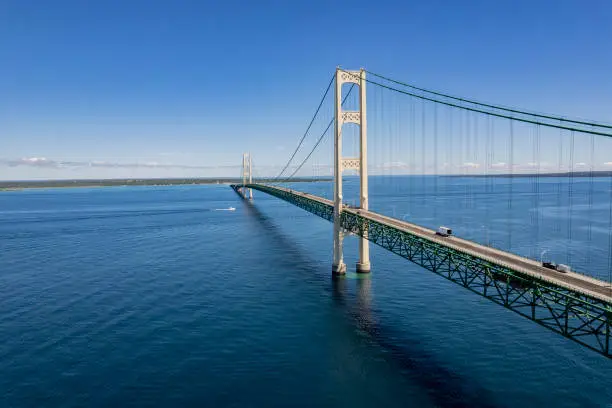 Mackinac Bridge stretches 5 miles across the Mackinac Straits connecting St. Ignace & Mackinaw City, Michigan.