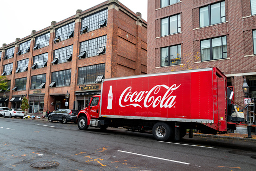 Jan 5, 2021 Pittsburg / CA / USA - Coca Cola truck driving on a street in San Francisco Bay Area