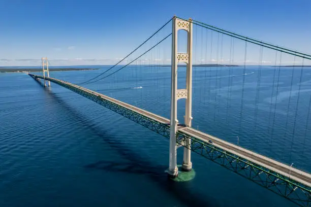 Mackinac Bridge stretches 5 miles across the Mackinac Straits connecting St. Ignace & Mackinaw City, Michigan.