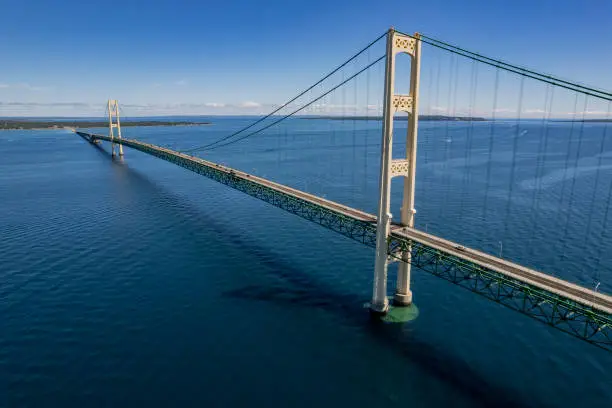 Mackinac Bridge stretches 5 miles across the Mackinac Straits connecting St. Ignace & Mackinaw City, Michigan.