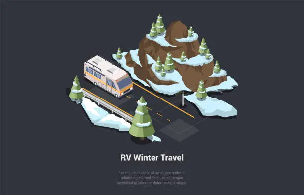 Vector illustration of Concept Of Adventures, Hiking, Family Traveling And Winter Vacations. Camper Van In Forest Riding By Road. Christmas Outdoor Family Travel In Snowy Mountains. Isometric 3d Cartoon Vector Illustration