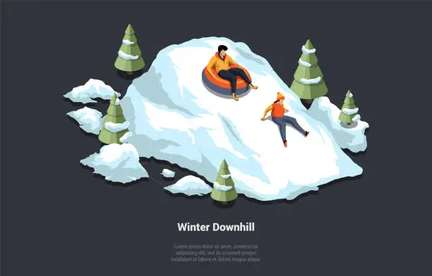 Vector illustration of Concept Of Winter Holidays, Family Christmas Vacations. Male And Female Characters Riding Downhill On Snow Tube. Snow landscape, Winter Snow Fun Activities. Isometric 3D Cartoon Vector Illustration