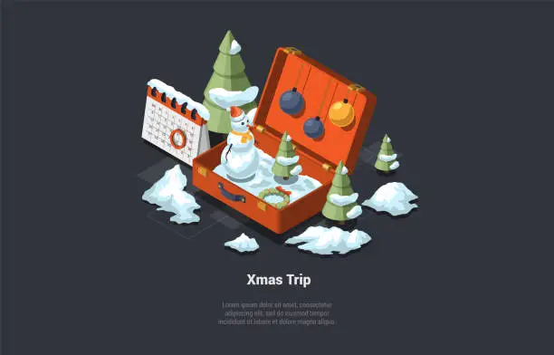 Vector illustration of Concept Of Adventures, Hiking, Family Traveling And Christmas Winter Vacations Planning. Suitcase With Snowman And Xmas Decorations, Calendar And Many Trees. Isometric 3d Cartoon Vector Illustration