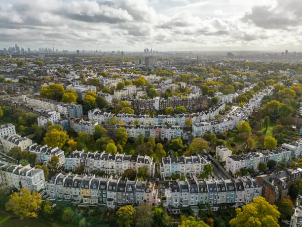 Aerial view of Notting Hill neighborhood in London