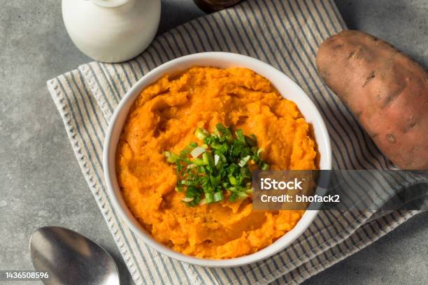 Healthy Homemade Mashed Sweet Potatoes Stock Photo - Download Image Now - Sweet Potato, Mash - Food State, Pureed