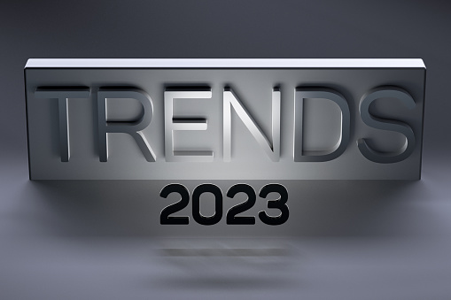 The TRENDS 2023 metallic concept. Trends 2023 business concept metallic. 3D render.