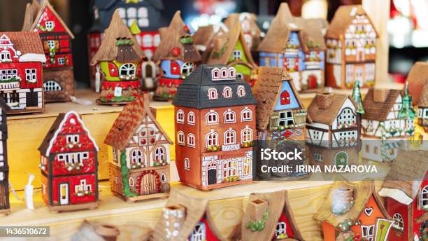 Old Houses Set Stand On A Shelf Medieval European Colorful Houses Made Of Ceramics Souvenirs At The Christmas Market Old Town Street Toys Stock Photo - Download Image Now